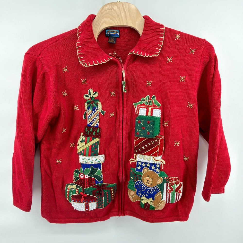 Shaver Lake Womens Ugly Christmas Sweater XL 18 20 Red Cardigan Zip Presents